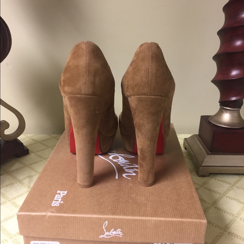 Christian Louboutin Brown Suede Peep-Toe Heels - Picture 3 of 6